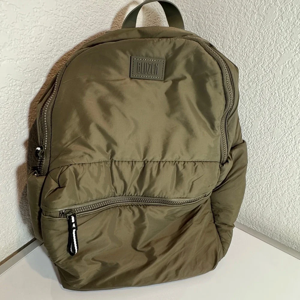 BLUZEN Puffer Backpack Quilted Nylon Olive Green Lightweight Carry All‎ Bag
